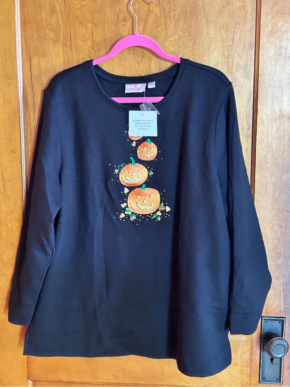 Quacker Factory All Stacked Up Halloween Sweatshirt w/ Pumpkins